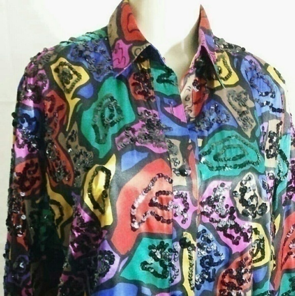 Vintage Oleg Cassini Abstract Sequins Shirt - Picture 5 of 6